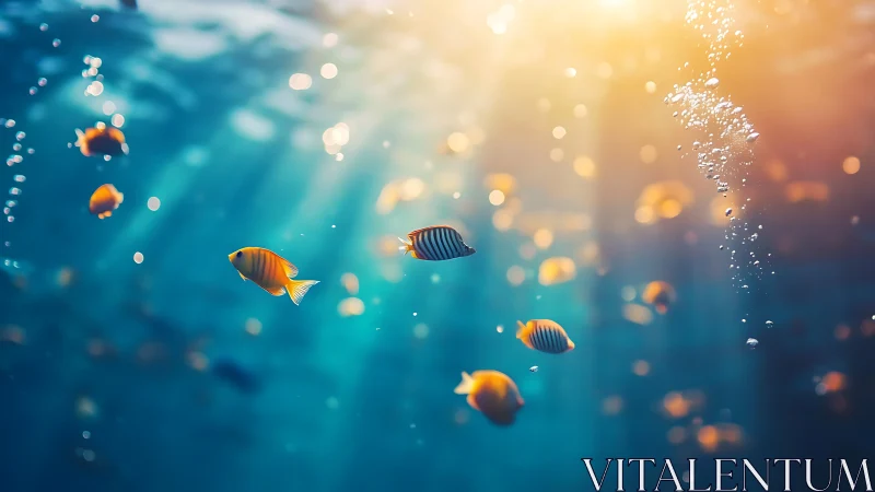 Sunlit tropical fish drift through tranquil underwater light