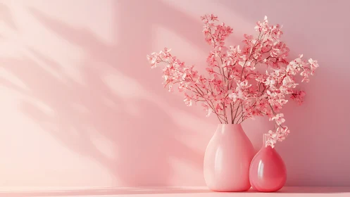 Soft pink blossoms resting in smooth pastel vases on light.