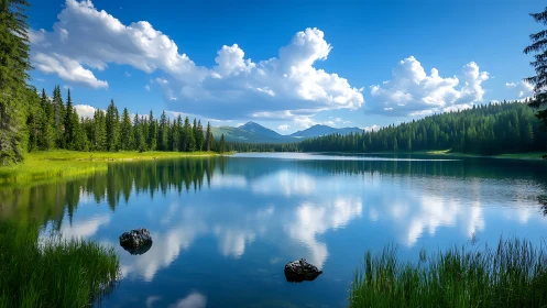 Sunlit mountain lake wrapped in whispering evergreen forest.