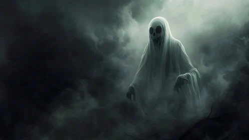 Spectral wraith emerging through dense monochrome mist.