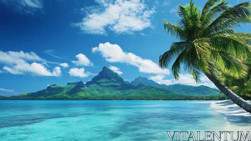 Tropical island paradise with volcanic peaks and turquoise lagoon.