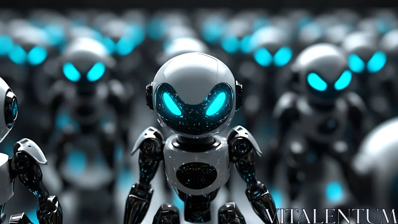 3D robot army with glowing cyan eyes in tight formation.
