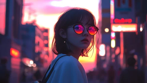 Neon sunset stroll with reflective city glow glasses.