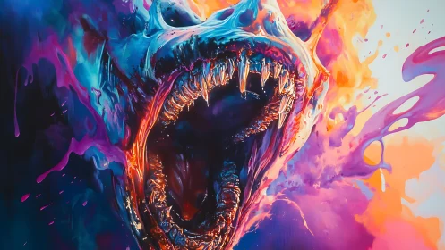 Chromatic fluid beast skull erupts with molten reflective fangs