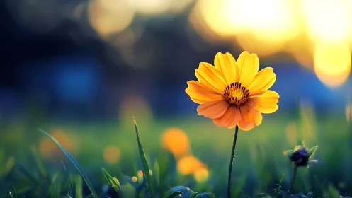 Single yellow flower stands in shallow depth-of-field field