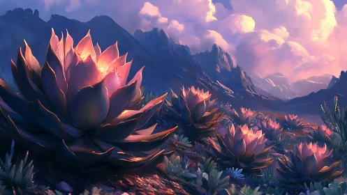 Luminous succulent forms in mountainous twilight landscape.