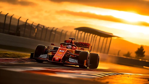 Photorealistic F1 car sprint under golden hour backlighting.