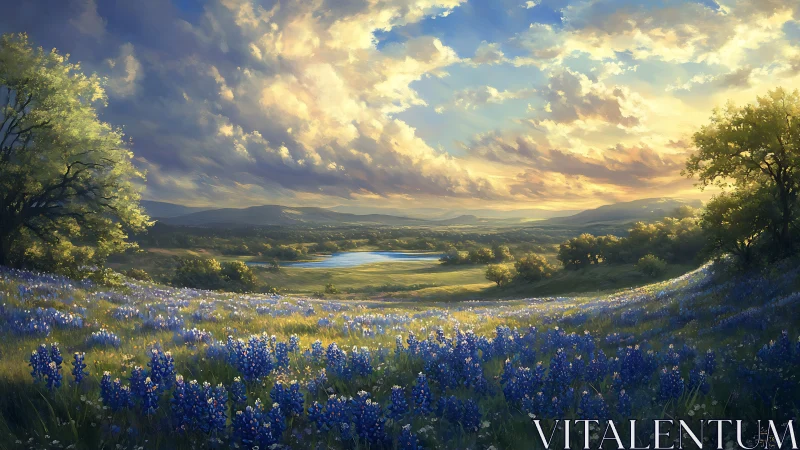 Sunlit wildflower valley with distant lake and sculpted clouds.