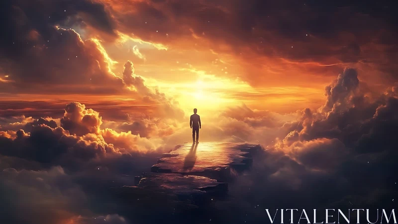 Solitary figure on celestial path under radiant sunset sky.