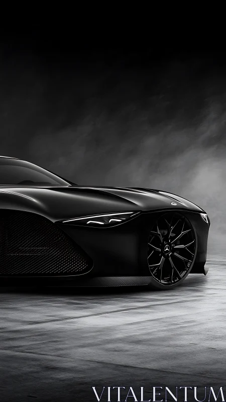 Low-angle view of black concept sports car in studio space.