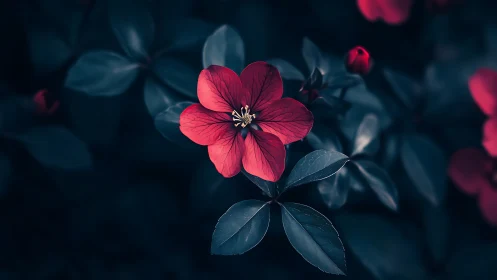 Crimson Flower Illuminated in Deep Teal Darkness.