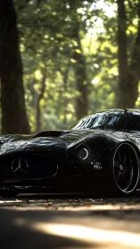 Sleek black Mercedes sports car parked on forest road.