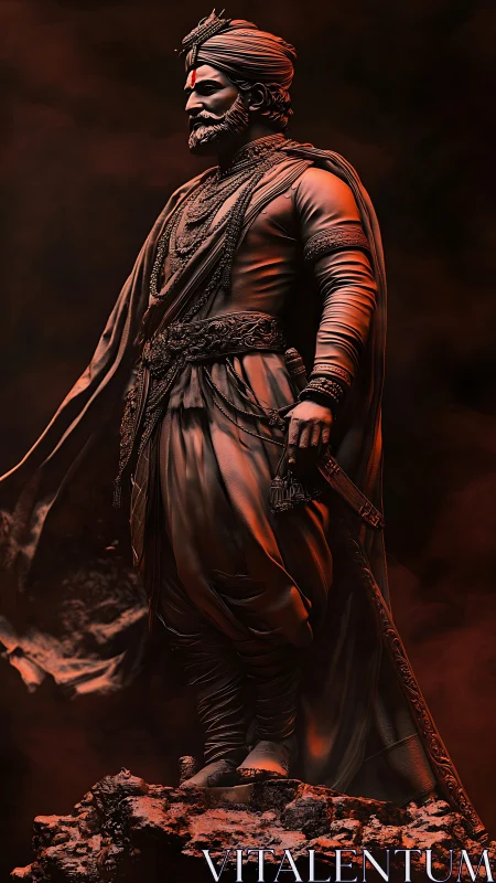 Regal warrior statue in ember-lit cinematic mist.