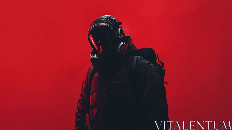 Hooded urban operative in visor respirator against red void