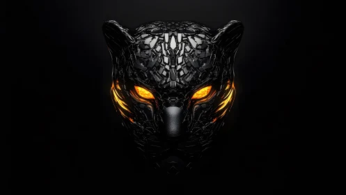 Futuristic Black Panther Mask with Fiery Orange Eyes in Digital Art.