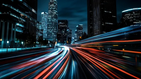 Electric night traffic paints glowing paths through the city