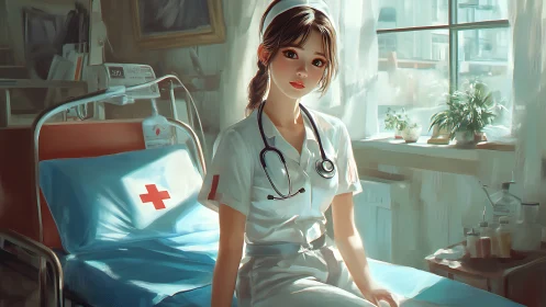 Young nurse sits in sunlit ward beside prepared hospital bed
