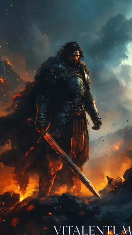 Lone armored warrior stands amid blazing volcanic ruin