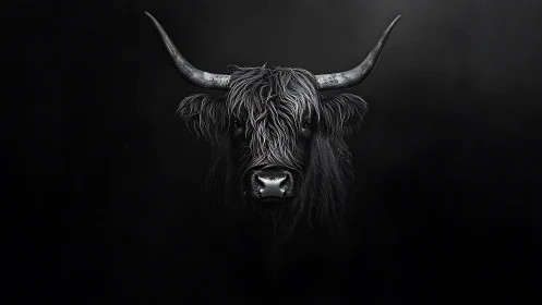 Highland cattle head rendered in monochrome on black field.