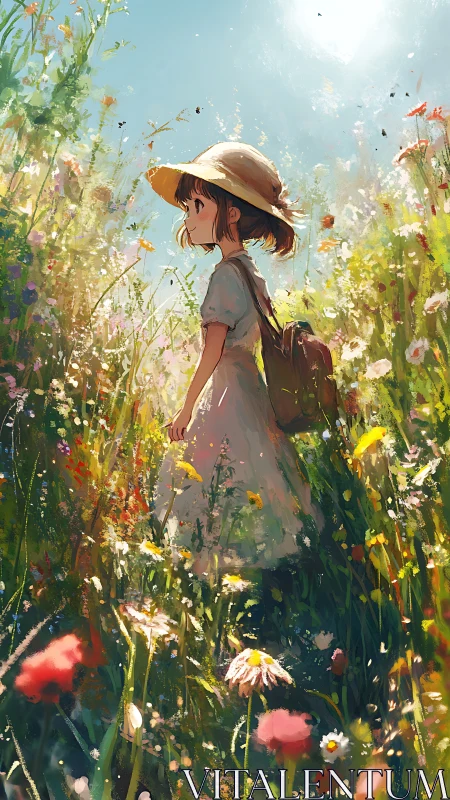 Young figure walks through dense sunlit wildflower meadow
