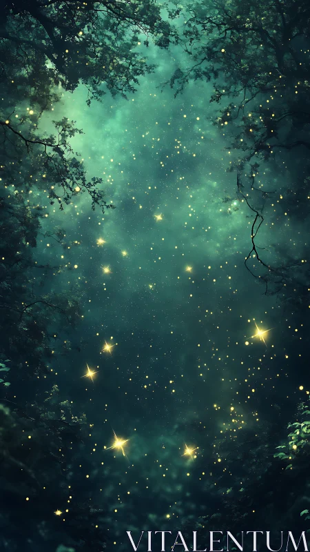 Luminescent forest canopy with bioluminescent particles suspended in emerald atmosphere