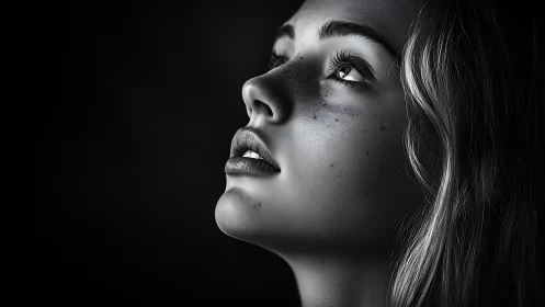 Monochrome close-up portrait isolates upward gaze in profile