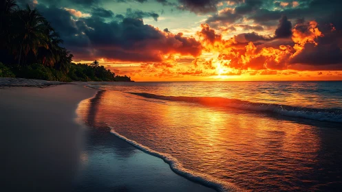 Tropical beach sunset with vivid clouds and reflections.