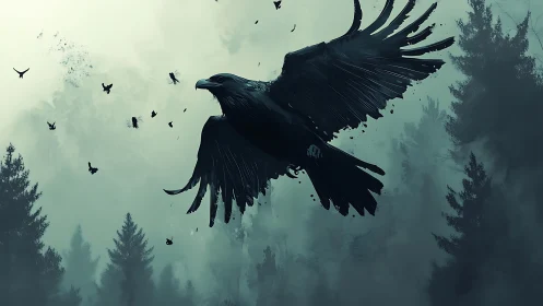 Dark raven in flight over misty conifer forest scene.