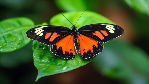 Heliconius butterfly spreads vivid orange wings on leaf