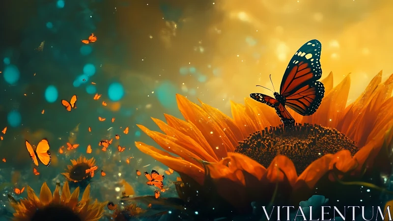 Digital painting of monarch butterflies over glowing sunflowers.