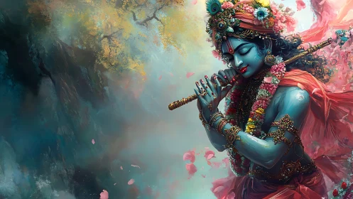 Blue-skinned deity playing flute amid petals and mist.