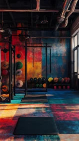 Urban weight training studio with colorful textured walls.