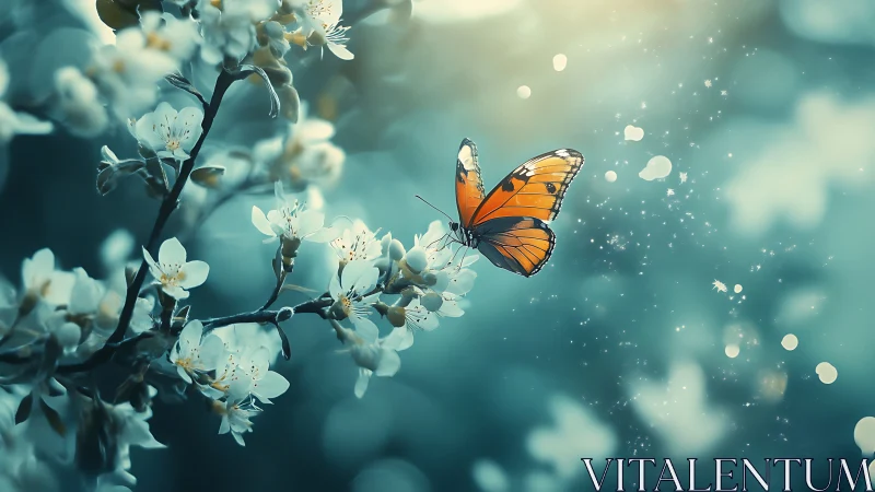 Gentle orange butterfly resting among dreamy spring blossoms.