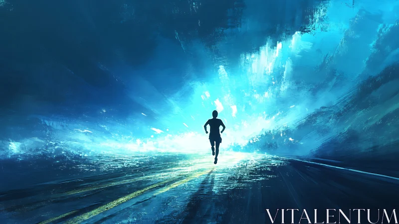 Racing toward radiant blue light on a dreamlike road