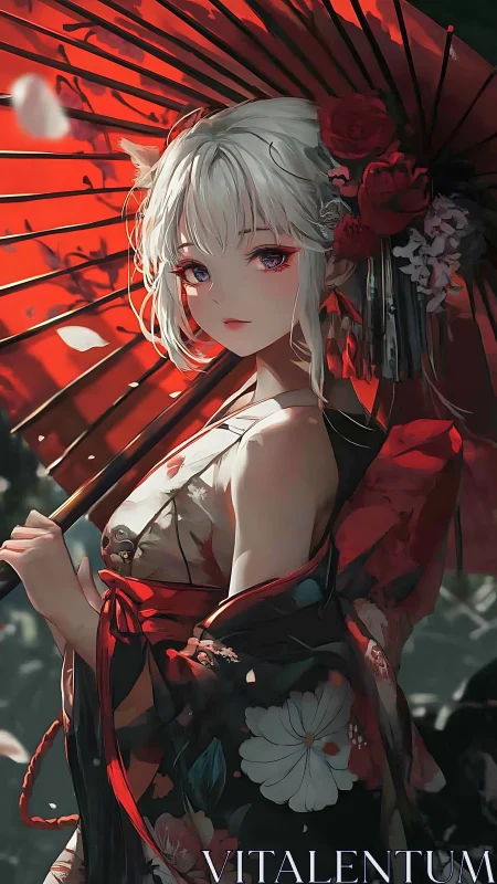 Scarlet parasol girl in floral kimono under petal drift.