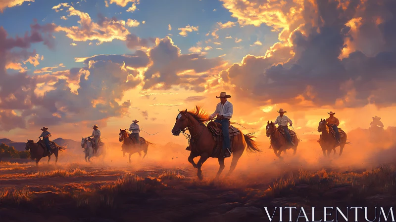 Cowboys ride across dusty plain under dense sunset clouds