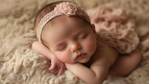 Newborn Infant in Peaceful Sleep with Lace Headband on Cream Textured Surface