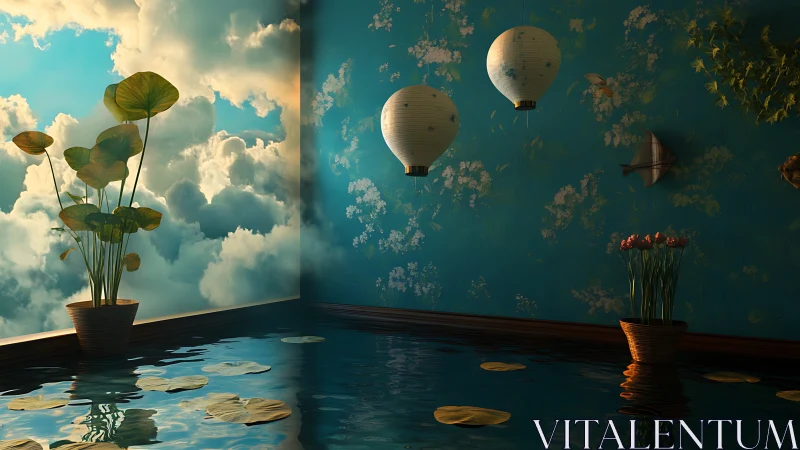 Dreamlike interior pond with lanterns and cloudscape wall.