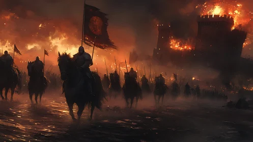 Armored cavalry advances past burning medieval fortress at night.
