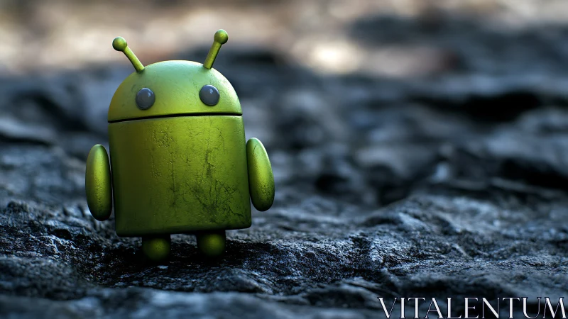 Green robot figure stands on textured rocky ground