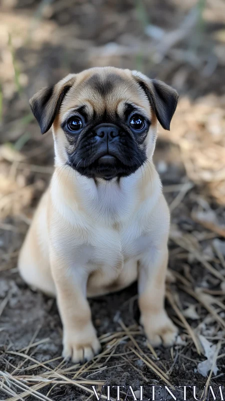 Young fawn pug puppy sitting on dry outdoor ground.
