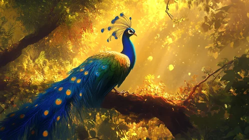Peacock daydream in golden forest light and gentle magic.