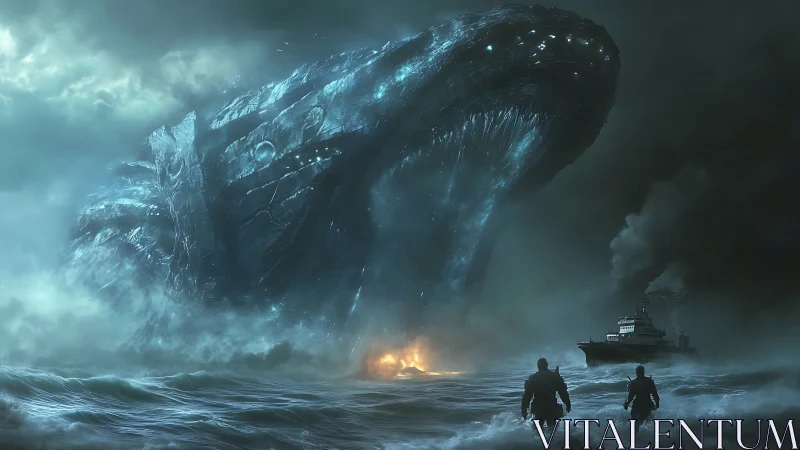 Gigantic bioluminescent sea creature towers above warship