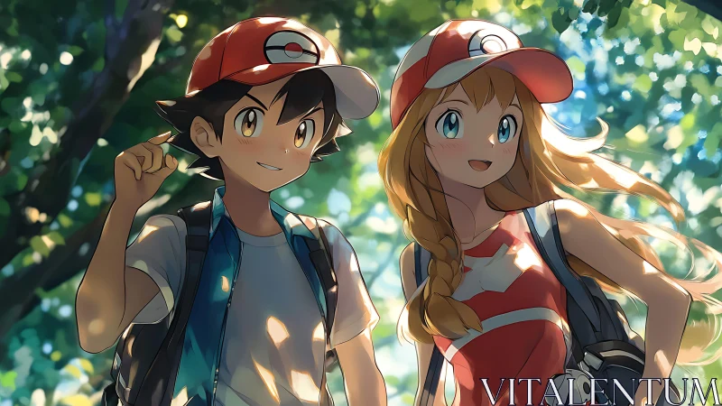 Anime trainers walk forest trail under dappled sunlight.
