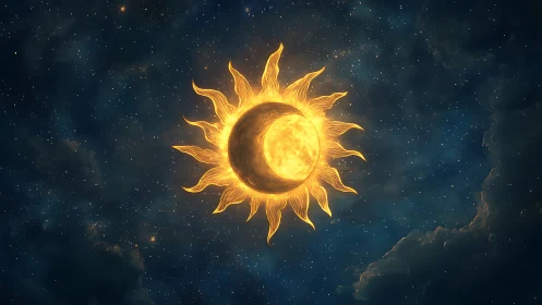 Celestial eclipse merges molten sun and shadowed moon