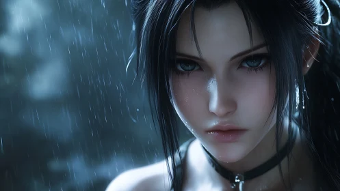 Rain-drenched warrior gaze carved in moonlit porcelain calm.