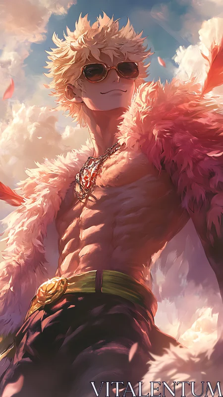 Sunlit anime hero in feathered coat above clouds.