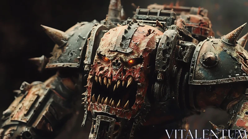 Armored demonic mech with spiked plates and glowing eyes.