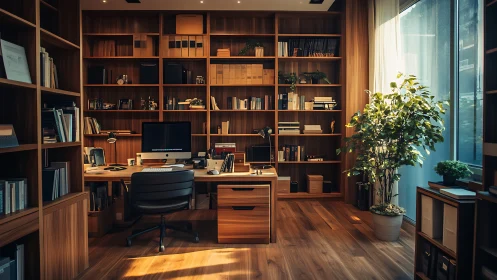 Warm wood home office with floor to ceiling library wall.