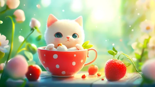 Adorable Kitten Nestled in a Whimsical Teacup Adventure.